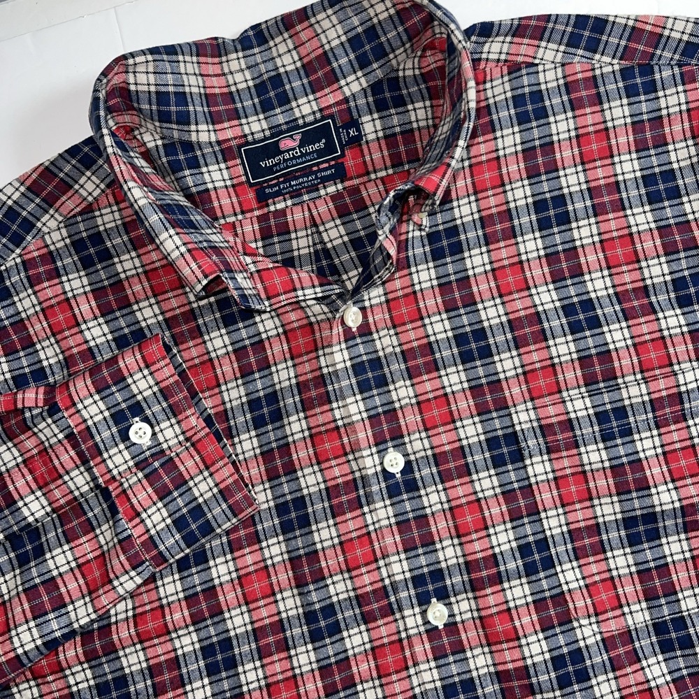 Vineyard Vines Flannel Shirt‎ Mens XL Performance Slim Fit Murray Button Plaid